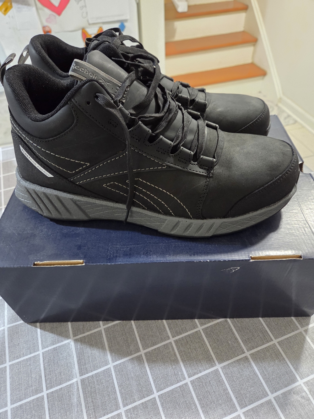 Reebok Men’s Black Athletic Mid-Top Sneakers with Gray Sole and Stitch Detail